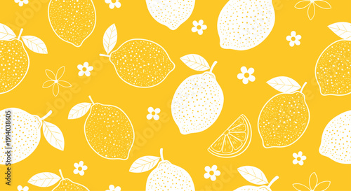 Bright and refreshing seamless pattern featuring white lemon outlines and small flowers on a solid yellow background.