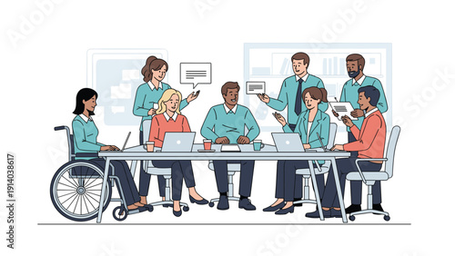 Diverse group of professional colleagues collaborating and discussing projects during a business meeting around a table in a modern office.