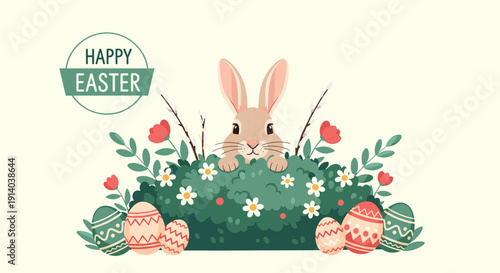 Charming Happy Easter illustration featuring a cute bunny peeking over a bush with flowers and decorated eggs.