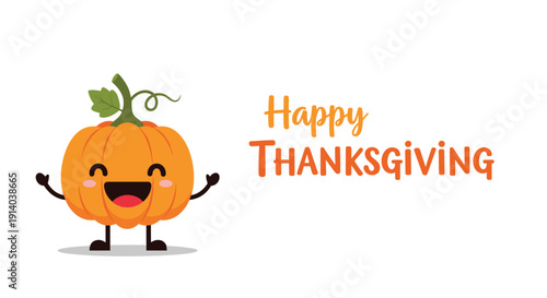 Cheerful Happy Thanksgiving illustration featuring a cute smiling pumpkin character on a clean white background.