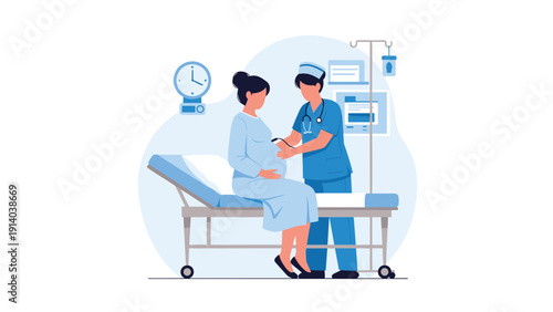 Pregnant woman sitting on a clinic bed while a professional nurse in blue scrubs performs a medical checkup using a stethoscope.