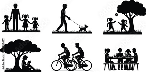 Black family park activities silhouette set, people walking dog, children playing, cycling, reading under tree and picnic for community design