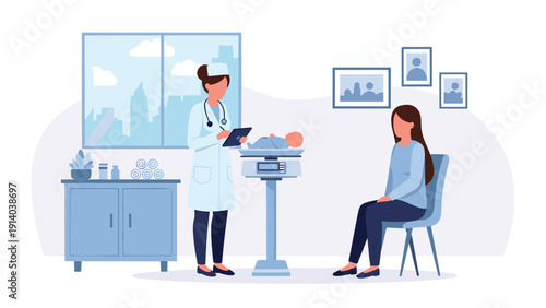 Professional pediatrician weighing a newborn baby on a digital scale in a clinic while the mother watches from a nearby chair.