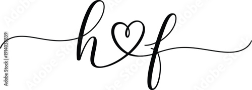 Elegant black calligraphic initial letters H and F intertwined with a charming heart symbol