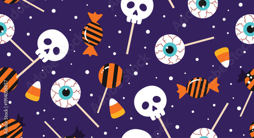 Spooky Halloween candy pattern featuring skull lollipops, eyeball treats, and candy corn on a dark purple background.