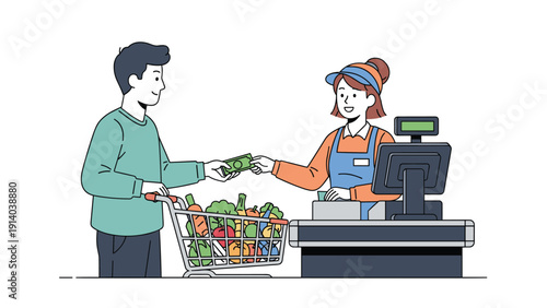 Customer paying a cashier with paper money at a supermarket checkout while his shopping cart is filled with fresh healthy vegetables.