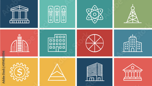Collection of colorful icons representing science, finance, and architecture in a grid layout