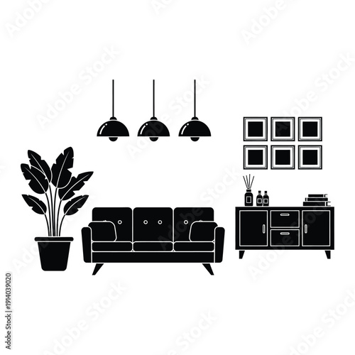 Vector illustration icon modern living room furniture illustration with sofa and decor