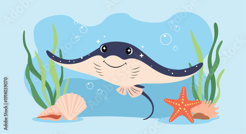 Friendly cartoon stingray character swimming in the ocean among seaweed, shells, and starfish on a blue backdrop.