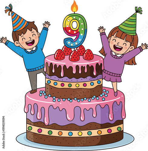 Happy Kids Celebrating Ninth Birthday Party Cake Illustration
