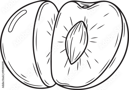 Simple black and white illustration of a peach cut in half showing the pit inside one of the halves