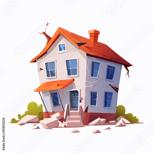 Dilapidated House Illustration with Broken Chimney and Crumbling Facade