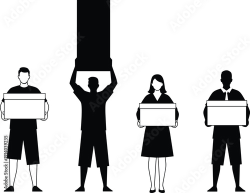 Delivery people silhouette collection, courier carrying cardboard boxes, moving house service, shipping logistics, office relocation, package delivery workers, isolated on white.