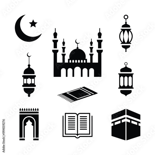 Islamic symbols including a crescent moon mosque and kaaba illustration