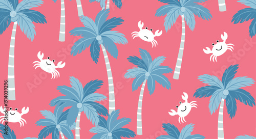 Fun summer seamless pattern with blue palm trees and white smiling crabs on a vibrant pink background for beachwear.
