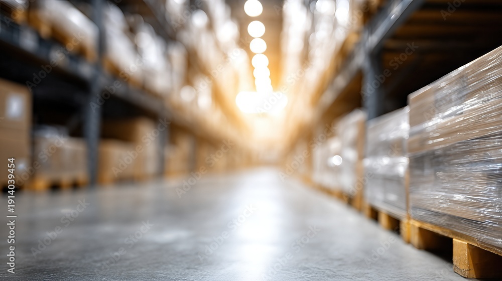 Fototapeta premium Workers Are Moving Boxes in a Busy Warehousing Distribution Center During the Afternoon Hours