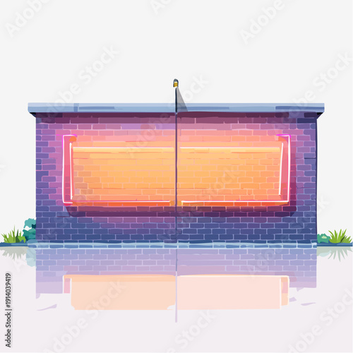 Rectangular Neon Signage with Orange Glow on Brick Building Facade