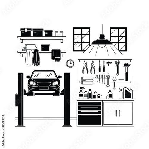 Vector illustration icon vector illustration of a car in a modern garage with tools and equipment