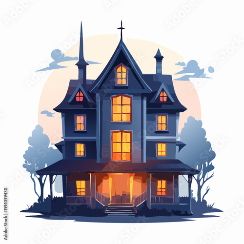 Mysterious Victorian House Illuminated at Dusk, Spooky Old Mansion with Glowing Windows, Perfect for Halloween Designs