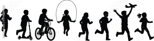 Active children silhouette collection, kids running, jumping rope, riding bicycle and scooter, playing with airplane, outdoor childhood fun, isolated on white.