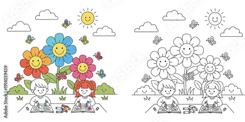 Children Coloring Outdoors with Smiling Flowers and Butterflies: A Happy Spring Scene