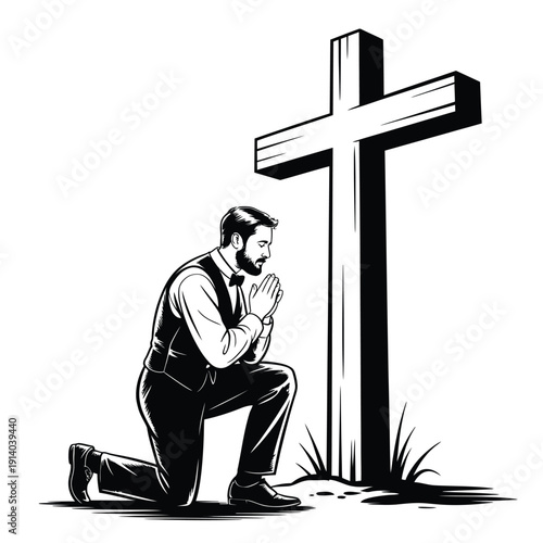 Man kneeling in prayer before a large imposing christian cross