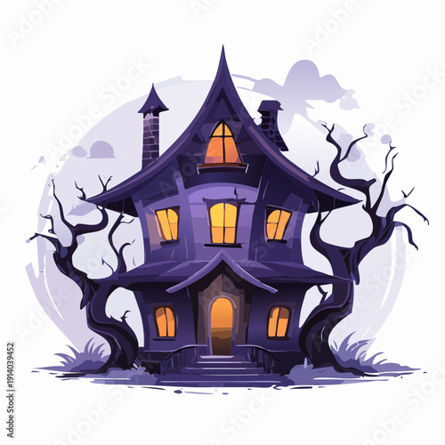 Mysterious Purple Haunted House with Eerie Glowing Windows and Bare Trees, Perfect for Halloween or Fantasy Themes