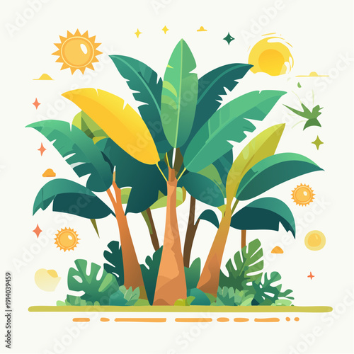 Tropical paradise lush green banana trees and vibrant sun illustration