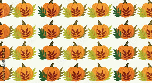 Classic autumn seamless pattern with rows of orange pumpkins decorated with brown leaves on a pale cream background.