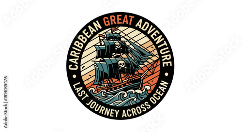 A magnificent pirate ship embarks on a thrilling Caribbean Great Adventure, sailing on a last journey across the ocean waves