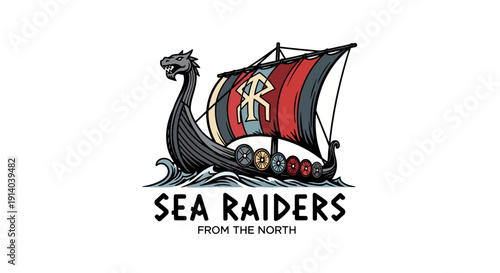 Stylized illustration of a Viking longship with a dragon head prow and a sail featuring a symbol, above the text 'SEA RAIDERS FROM THE NORTH'.