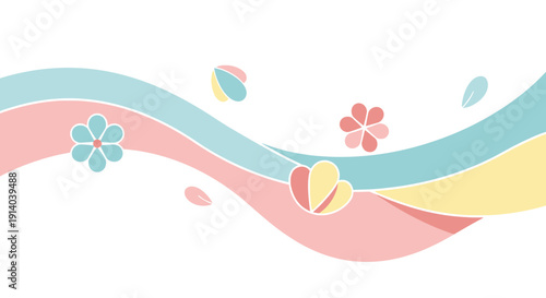 Soft Pastel Waves with Floral Accents and Floating Petals - Minimalist Background