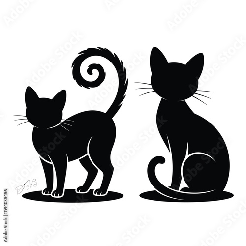 Two black cats in silhouette one standing and one sitting calmly