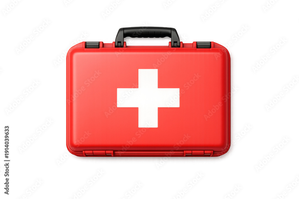Obraz premium Red first aid kit with white cross symbol on a black background, ready for emergencies