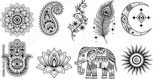 Bohemian spiritual symbols set, mandala, hamsa hand, lotus flower, paisley, elephant, crescent moon, sun, peacock feather, ethnic henna tattoo vector, isolated.