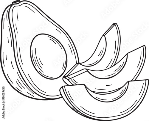 Hand drawn black and white line art illustration depicts a delicious half avocado next to three perfectly sliced wedges ready for healthy eating preparation or recipe design concepts