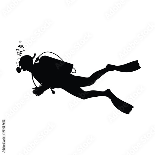 Silhouette of a scuba diver swimming underwater with bubbles rising
