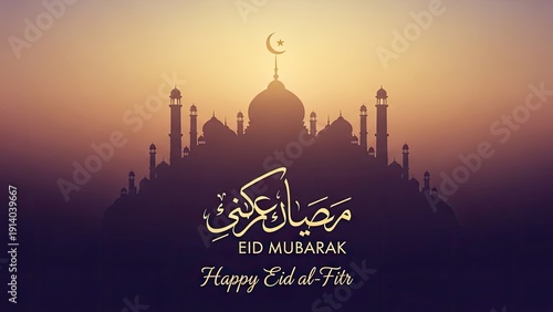 Beautiful Eid al-Fitr greeting card with Islamic mosque silhouette and Arabic calligraphy wishing Happy Eid al-Fitr