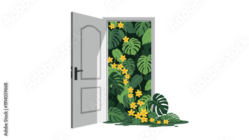 Open white interior door revealing a secret room filled with dense tropical foliage, large green leaves, and bright yellow flowers.