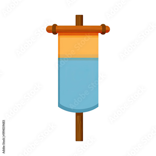 Cartoon depiction of a vertically oriented banner with a wooden pole and orange/blue fabric