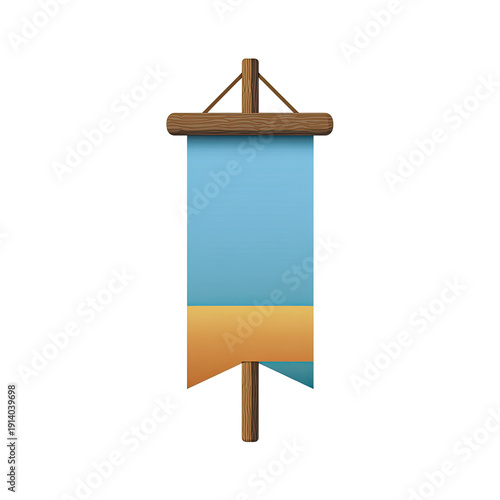 A stylized illustration of a rectangular banner with wooden frame and supporting poles