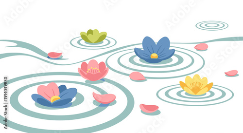 Zen Garden Water Lilies and Ripples - Serene Floral Illustration