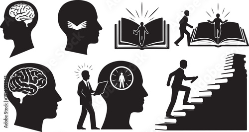 Silhouette icons of human brain and education concepts combined