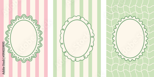 Vintage pastel oval frame collection with scalloped ornamental borders, striped and cracked texture backgrounds, elegant decorative labels for invitations, greeting cards and branding design