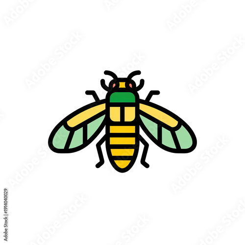 A stylized illustration of a bee with a bright yellow body, green-tinged wings against a black backdrop