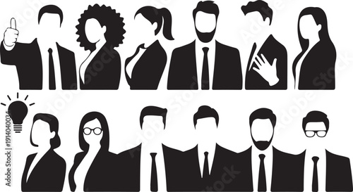 black and white silhouettes of business people and a light bulb