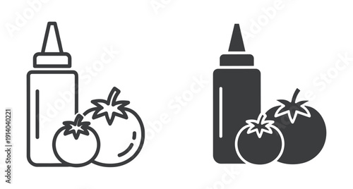 Minimalist vector icons of a condiment squeeze bottle with two fresh tomatoes for cooking