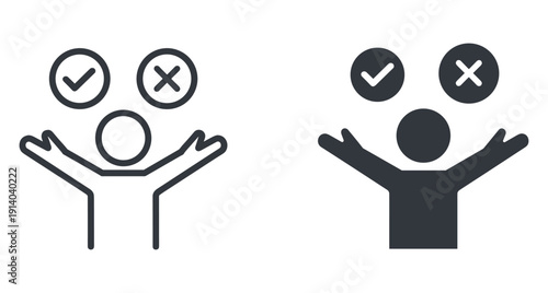 Human figure icon with check mark and cross mark symbols representing decision making process