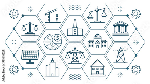 Various industrial and governmental institutions represented through simple pictograms in a hexagonal grid layout