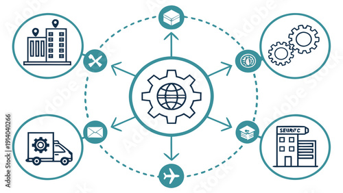 Global Logistics and Supply Chain Management Process Illustrated with Icons and Gears